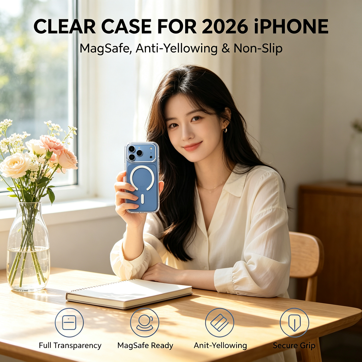 Jencakoo Clear Magnetic Case for iPhone 17 Pro & 18 Pro – Anti-Yellowing, MagSafe Compatible